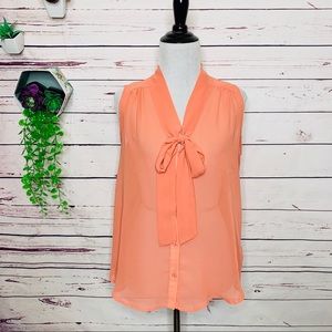 Papaya Sheer Peach Coral Pink Sleeveless Bow Tie Blouse Top Size Small